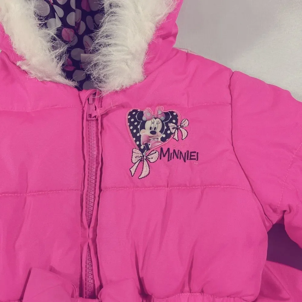 Disney Minnie Puffer Jacker Girl Size 4T‎ Pink Hooded Long Sleeve Full Zipper